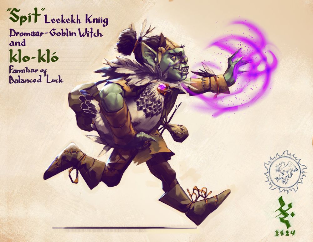 A digital painting of a goblin running to the right, casting a spell and carrying a hen under his arm. To the left, an inscription that reads: "Spit" Leekekh Kniigh; Dromaar-Goblin Witch; and; Klo-kló, familiar of Balanced Luck