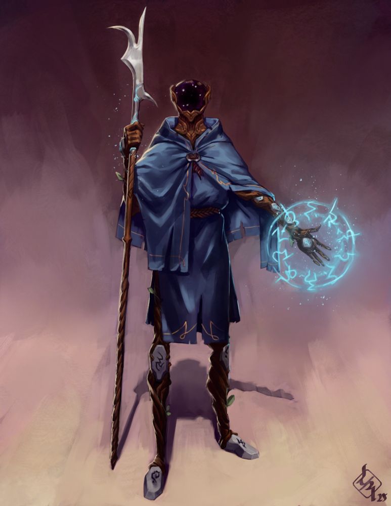 A digital painting of a humanoid made of wood with a dark orb for a head