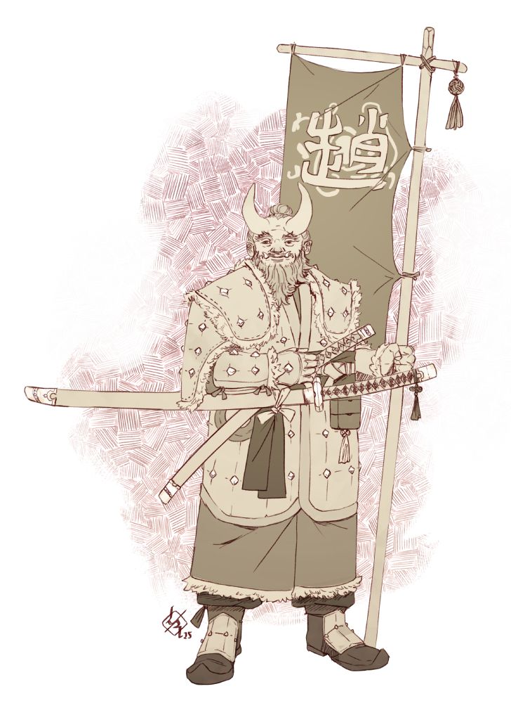 A digital sketch of an old and broad demon-looking warrior, with a pair of big swords, holding a banner