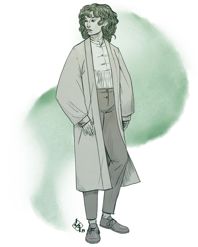 A digital drawing of a simple-dressed character, with dark curls and a fine face.