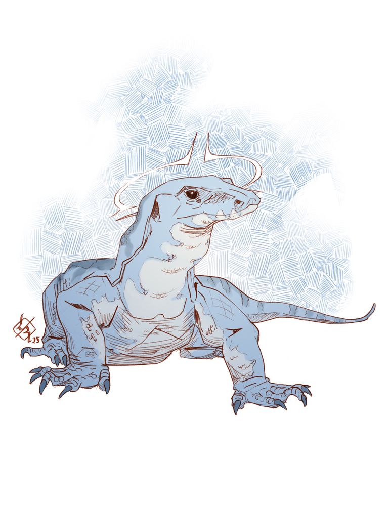 A digital sketch of a monitor lizard, with a pointy halo around their head