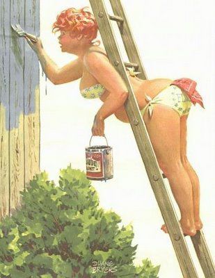 Hilda painting a wall while bent through the rungs of a ladder in a bikini 