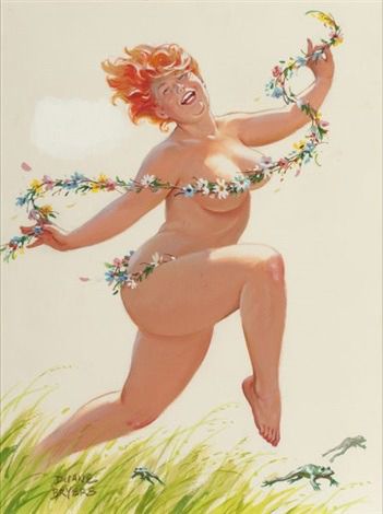 Hilda frolicking in a field wearing only a few strands of flowers