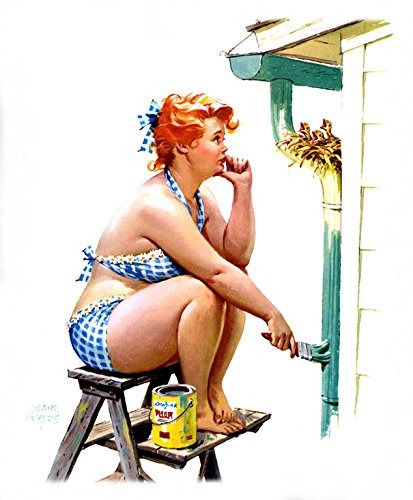 Hilda wearing a bikini, sitting on a ladder, painting a drainpipe and looking forlornly at a nest of baby birds in the way
