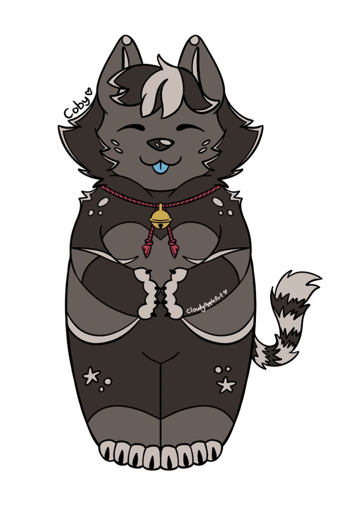 Digital art of a brown anthropomorphic wolf. He has spots and stars on his cheeks, shoulders and legs, he wears a red rope collar with a gold bell attached, and he is picking out his blue tongue.