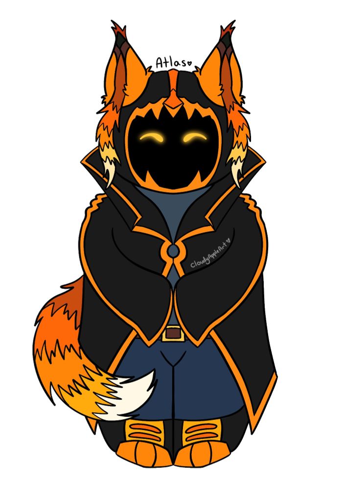 Digital art of a humanoid cyborg. He is wearing navy blue trousers and a black overcoat with a raised collar and orange outline. His shoes are black and orange, and his face is a black digital screen with orange detailing. On top of his head is a pair of fluffy fox ears, and he has a matching tail.