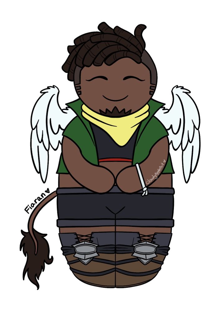 Digital art of a black man with white wings and a long tail that ends in a tuft of hair. He has a goatee, short thick dreads and shaved sides. He is wearing grey shorts, leg armour, and brown boots, as well as a black crop top, green vest and yellow neckerchief.