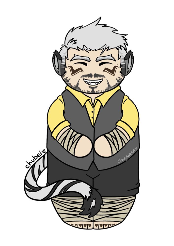 Digital art of a white man with grey tiger ears and tail. He has white-grey hair, bandages on his lower arms and legs, and is wearing a grey  waist coat with a yellow shirt underneath. His black shorts are tucked into the top of the bandages on his legs. He has a moustache and stubble, and V markings below each eye.