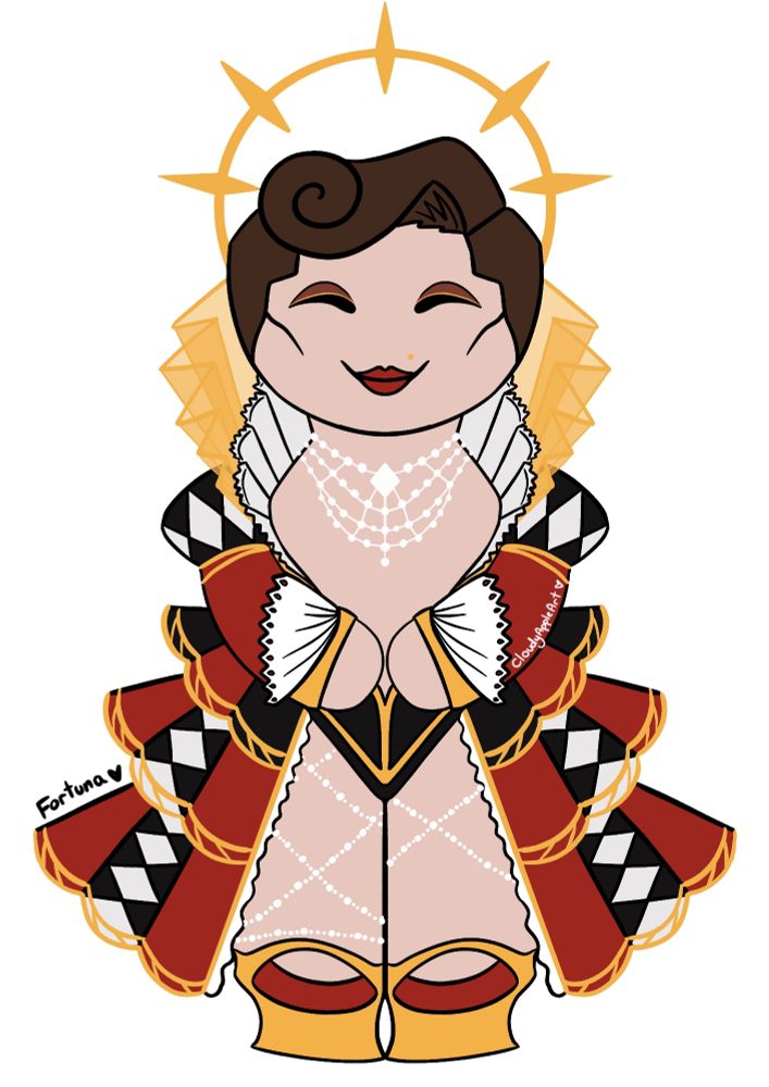 Digital art of a white figure with short brown curled hair and a golden halo-like tiara. She is wearing a dramatic layered showdress with red sections, black & white chessboard designs, and gold filigree. She is wearing an elaborate pearl necklace and has a gold and white ruff as the collar of her dress.