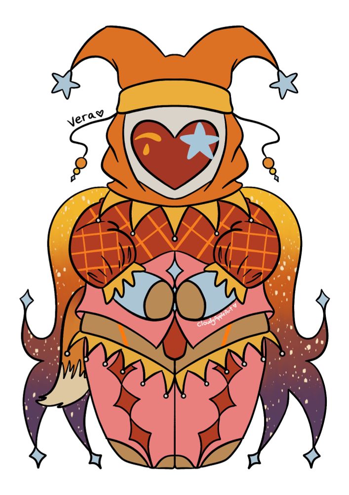 Digital art of a brown skinned woman in an elaborate orange, pink & red jester outfit. She has an orange and purple starry cape and a fox tail.