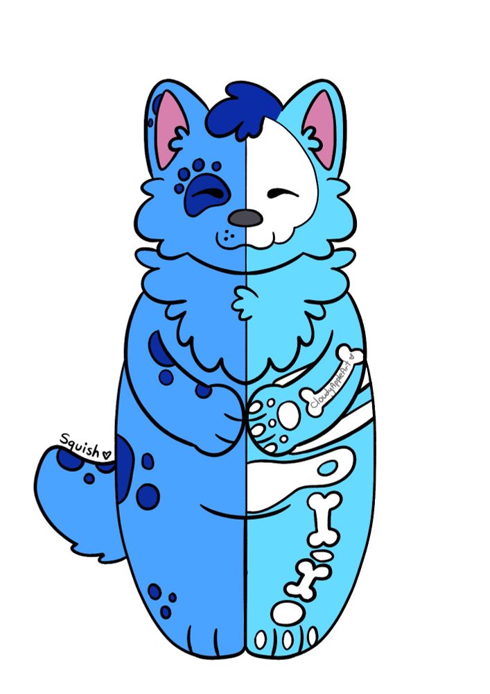 Digital art of an anthropomorphic dog. His right side is blue with navy spots, and his left side is lighter blue with white skeletal patterns.