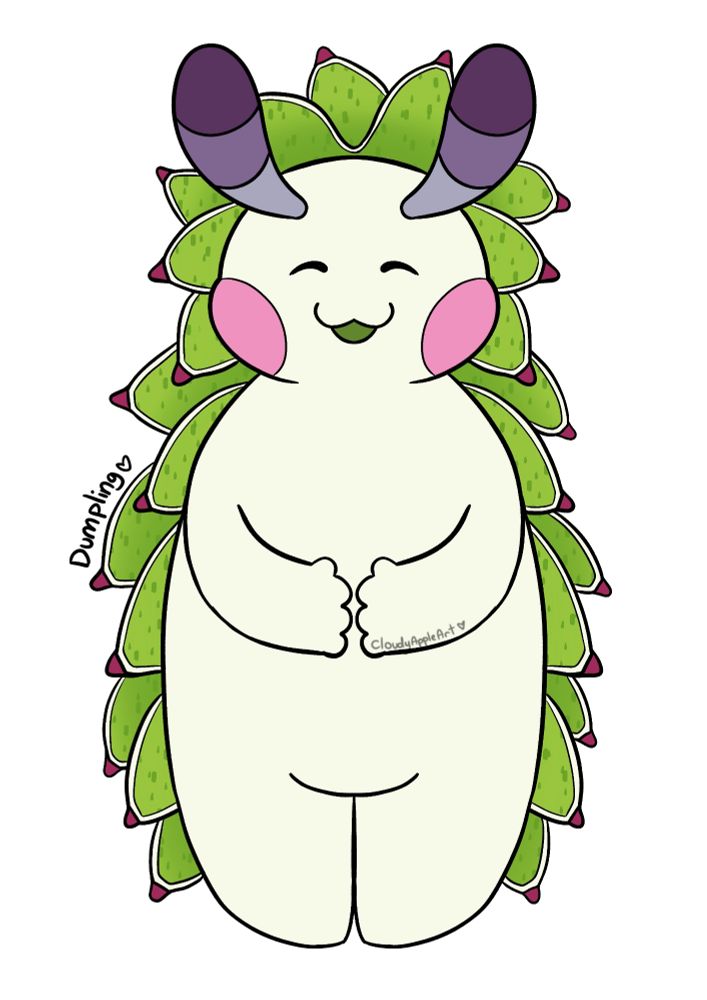 Digital art of a humanoid leaf sheep. His body is a very pale green, he has bright pink cheeks, and two fat purple antenna. His back is covered in green spotted leaves tipped in pink.