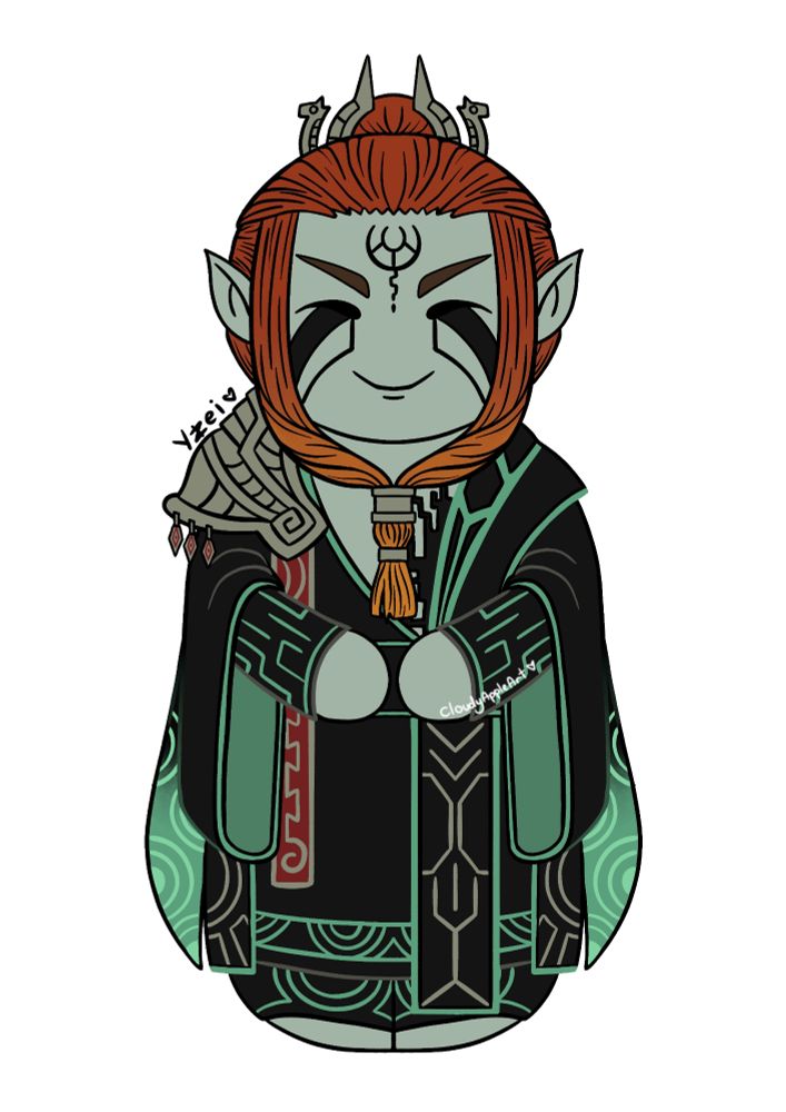 Digital art of a grey-green skinned humanoid with pointed ears and fiery red & orange hair. He is wearing black robes with green detailing, and has a decorative grey pauldron on one shoulder.
