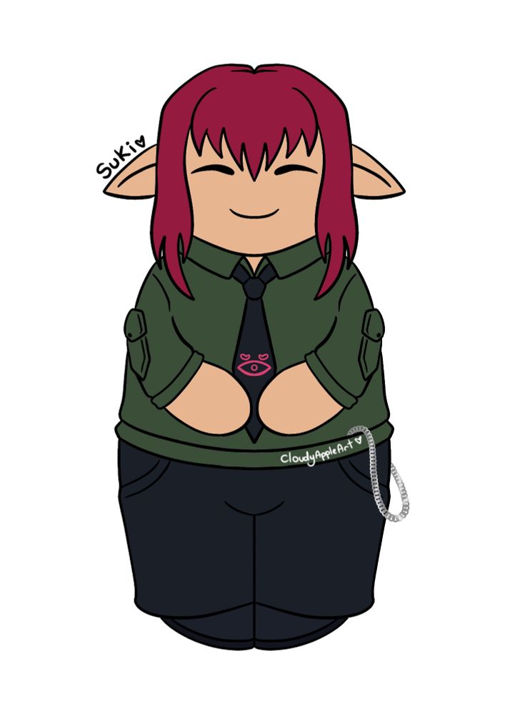 Digital art of a pale skinned humanoid elf with dark pinkish red hair. She is wearing black trousers and a dark green button up shirt.