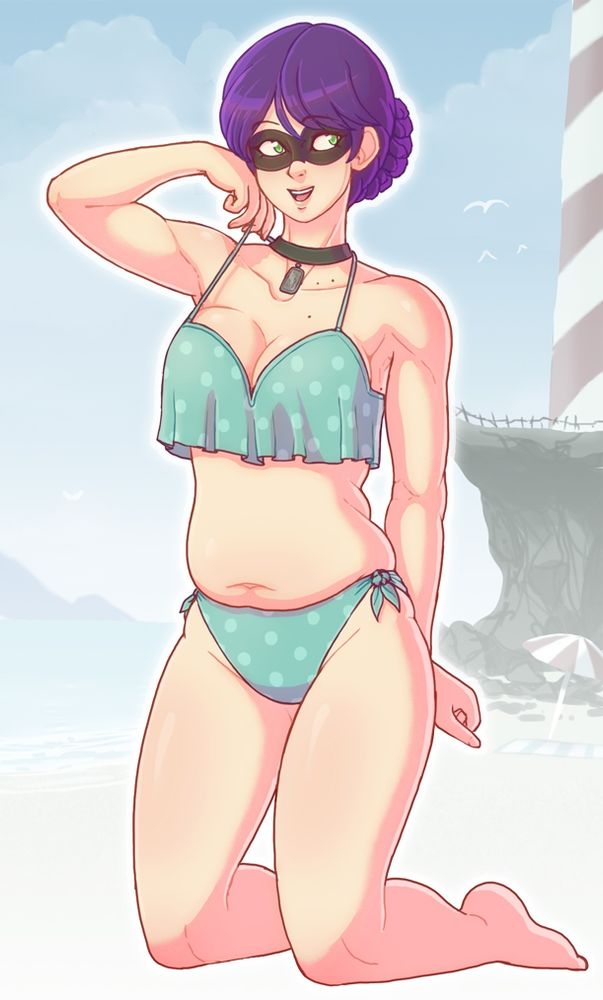 Art of Female (ver) Darjeelinkling, mask on, in a 2 piece teal polka dot swim suit while showing a bit of tummy 