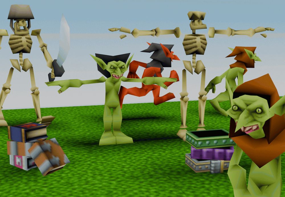 Some goblins, some skeletons, some books and some belts in a low poly vertex painted style.