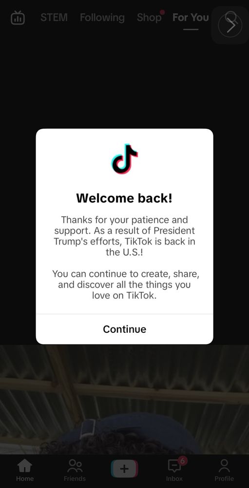 Screenshot from TikTok fyp with Welcome back! Message from TikTok