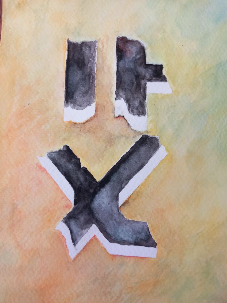 the tape has been removed and dark shadows have been painted within... except a bottom border has been left blank within every shape, suggesting they're holes within a thick plate.