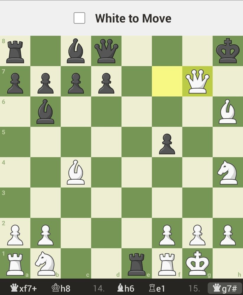 white checkmates on move 15. you know what, i'm translating it to FEN notation: "r1bq3k/pppp2Q1/1b5B/5p2/2B4K/8/PP3PPP/RK2rRK1"