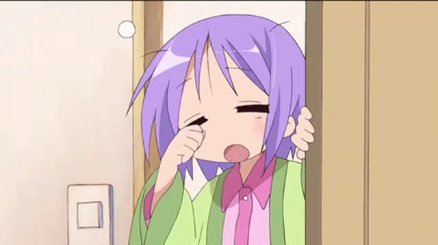 a cartoon girl with purple hair and a green shirt wipes her eyes