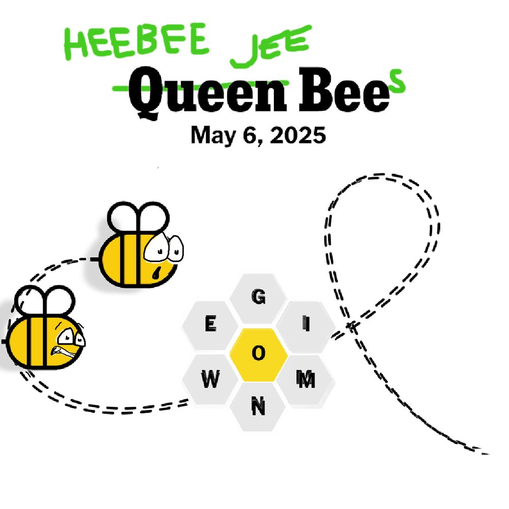 NYTimes Queen Bee graphic for May 6, 2025. Queen is crossed out and replaced with "Heebee Jee" and an "s" comes after B to read "Heebee Jeebees". Beatrice's crown is erased and she looks on with fright. A second scaredy bee enters the picture as well. The lines and letters are slightly doubled to give a sense of unease. 