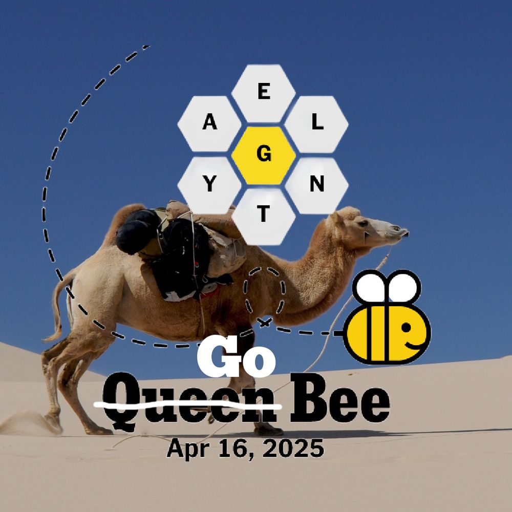 NYTimes Queen Bee graphic for April 16, 2025. Queen is crossed out and replaced with "Go." Beatrice's crown is erased. The background image is a photo of a camel in the desert