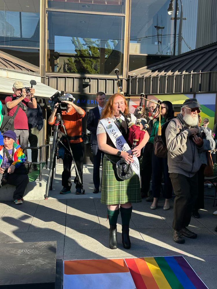 A bagpiper at the unveiling of the Roger Casement plaque on the Rainbow Honor Walk
