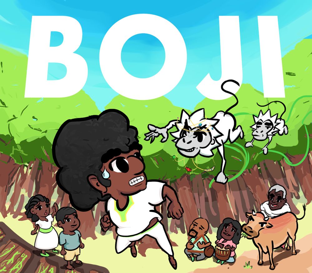 video game cover art of the original game prototype for Boji, the main character is being chased by lemurs as his family watches on in surprise