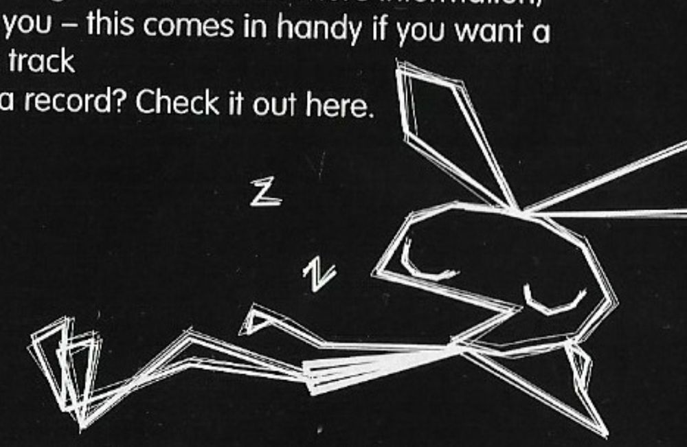 shhh. vibri is asleep.

(a photo of the vib-ribbon instruction manual, with fpcus on the vector bunny laid back and dozing off.)