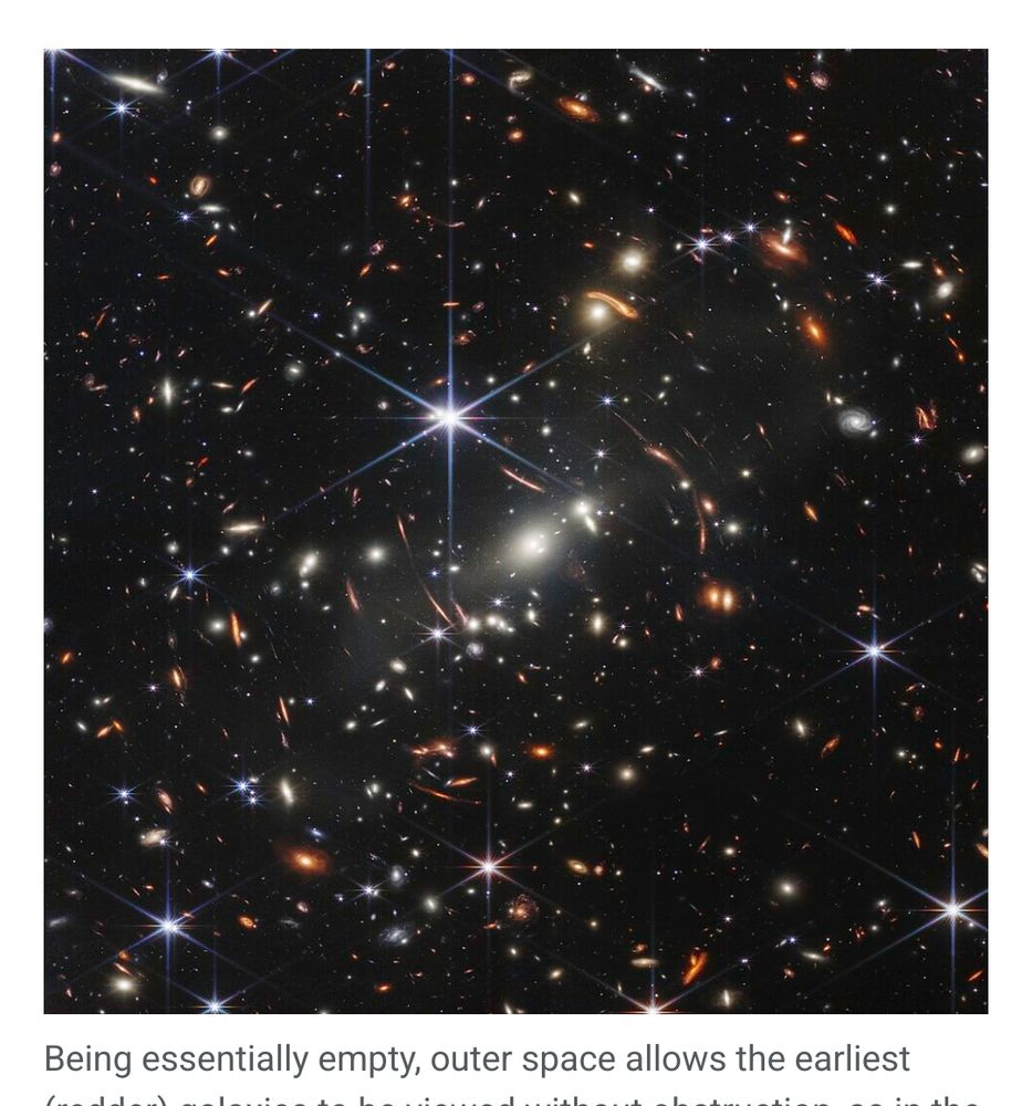 A wikipedia screenshot of Webb's First Deep Field, a photo filled with hundreds upon thousands of dazzling lights.

The caption starts "Being essentially empty, outer space...
