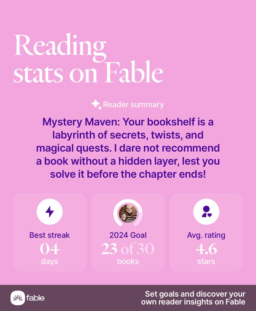 my reading stats on the Fable app. the reader summary for me is “mystery maven: your bookshelf is a labyrinth of secrets, twists, and magical quests. I dare not recommend a book without a hidden layer, lest you solve it before the chapter ends!” 
my best streak is 4 days, average rating is 4.6 stars, and i’ve read 23 books out of my 2024 goal of 30. 