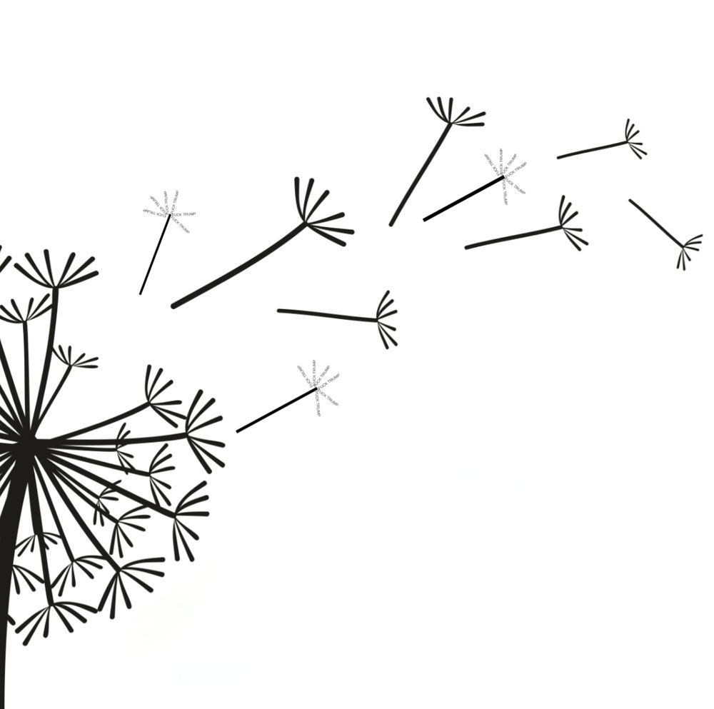 Dandelion line drawing. Some of the seeds blowing away have a hidden message: FUCKTRUMP