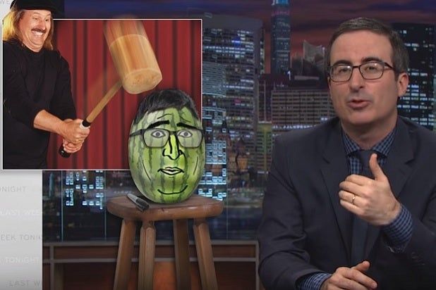 John Oliver next to a graphic of Gallagher smashing a watermelon that looks like John Oliver.