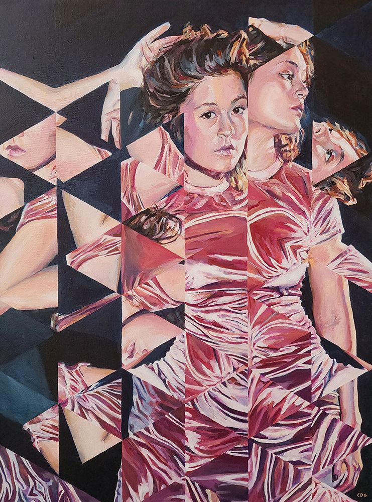 Two images of the same woman in slightly different poses are interwoven in this painting. She is wearing a stretchy pink velvet dress.