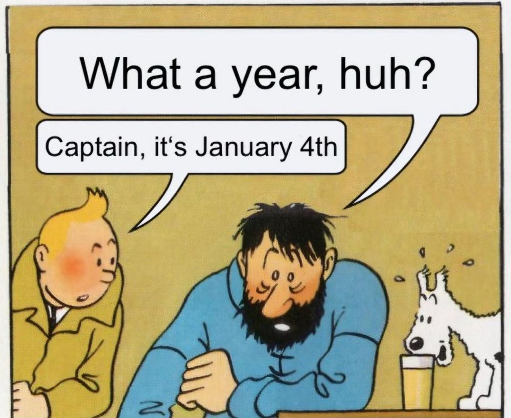Cartoon
Person 1: What a year, huh?
Person 2: Captain, it's January 4th.