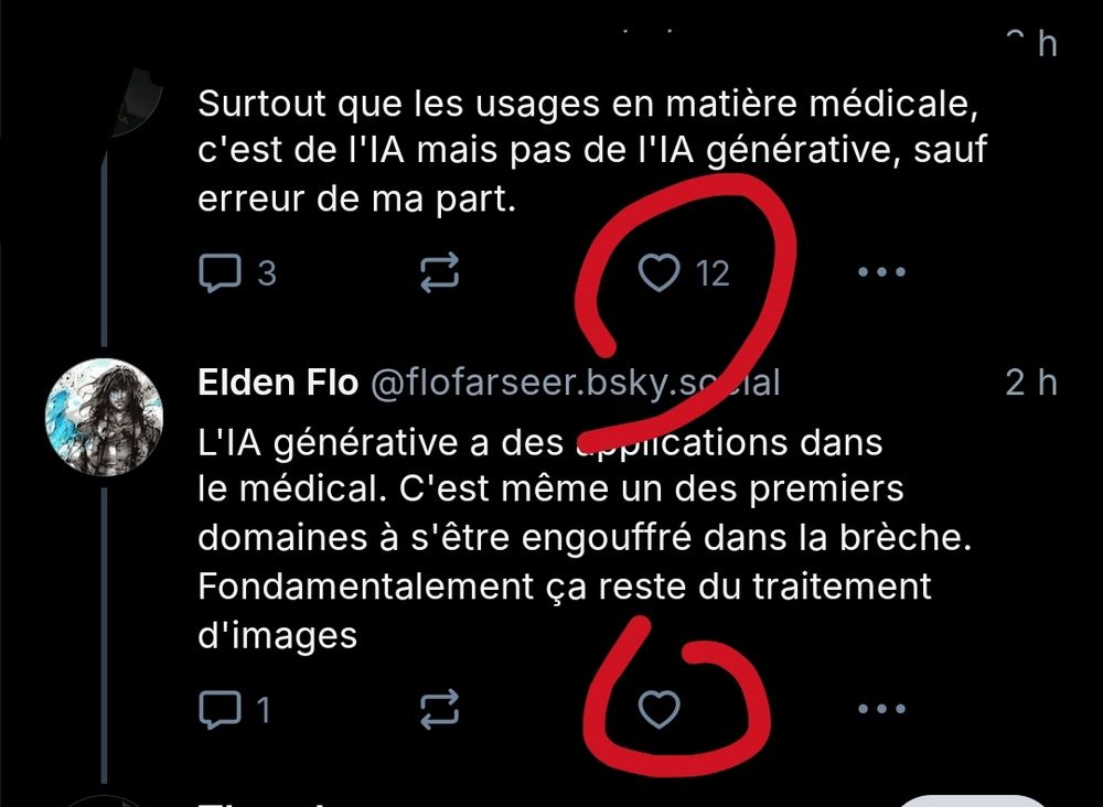 Un post faux sur les IA génératives, avec 12 likes. Ma réponse qui essaie de corriger, 0 likes
