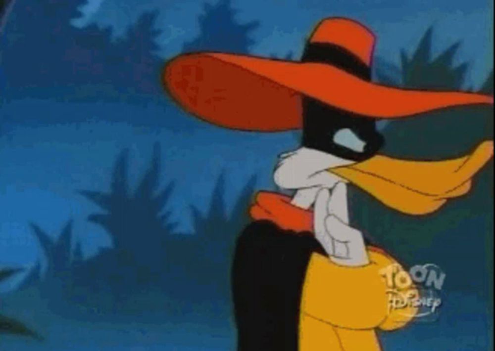 a cartoon duck is wearing an orange hat and a yellow jacket