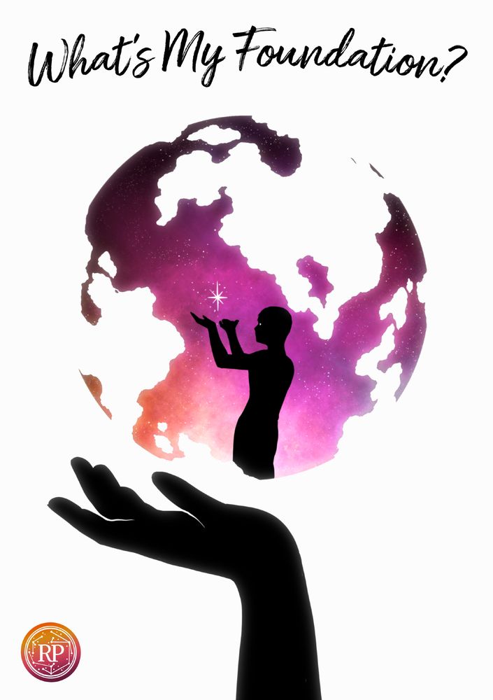 "What's My Foundation?" TTRPG worldbuilding book cover. Runic Press logo in bottom left corner. Silhouetted hand holding a stylized globe with a secondary silhouette embedded inside, also holding a tiny celestial body. Conveys nesting doll. Image black and warm palette gradient on white field.