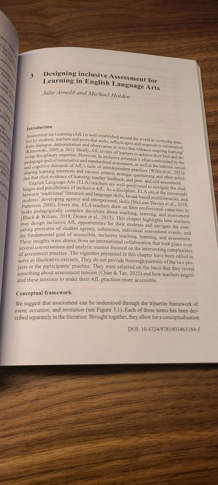 The photo shows the first page of the chapter, Designing inclusive assessment for learning in English language arts. The chapter's abstract and other details are available at https://t.co/XnUoEzGtC6.