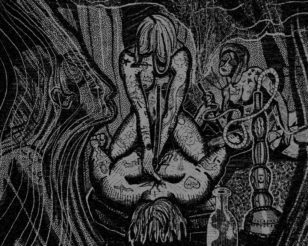A woodcut inspired image of a seedy tattoo parlor, a man lies on his back and a woman is straddling him using an old school bamboo needle on his back. There are two other women and the general vibes of like a brothel or opium den. 