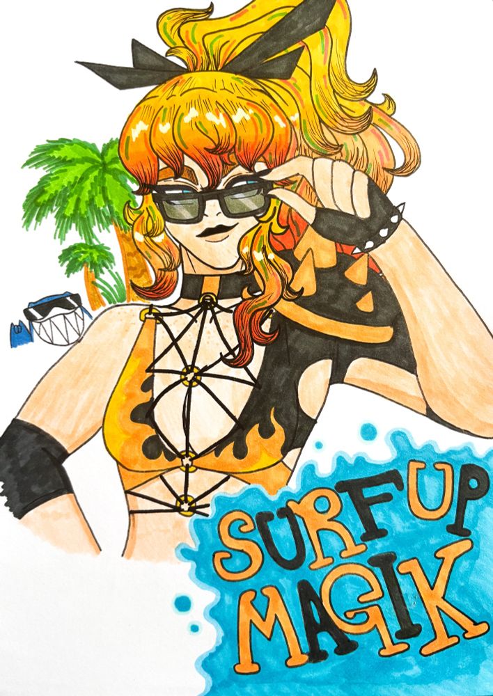 A traditional drawing of Magik from Marvel Rivals in a summer themed custom design that I created. Jeff is in the background as well as a pair of palm trees