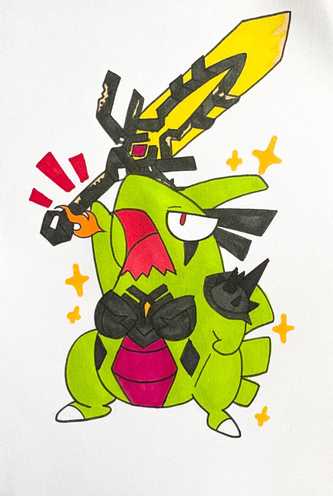 A traditional drawing of Larvitar from Pokemon dressed up as Magik from Marvel Rivals. Larvitar has an angry expression and the sword is shown to be made out of cardboard