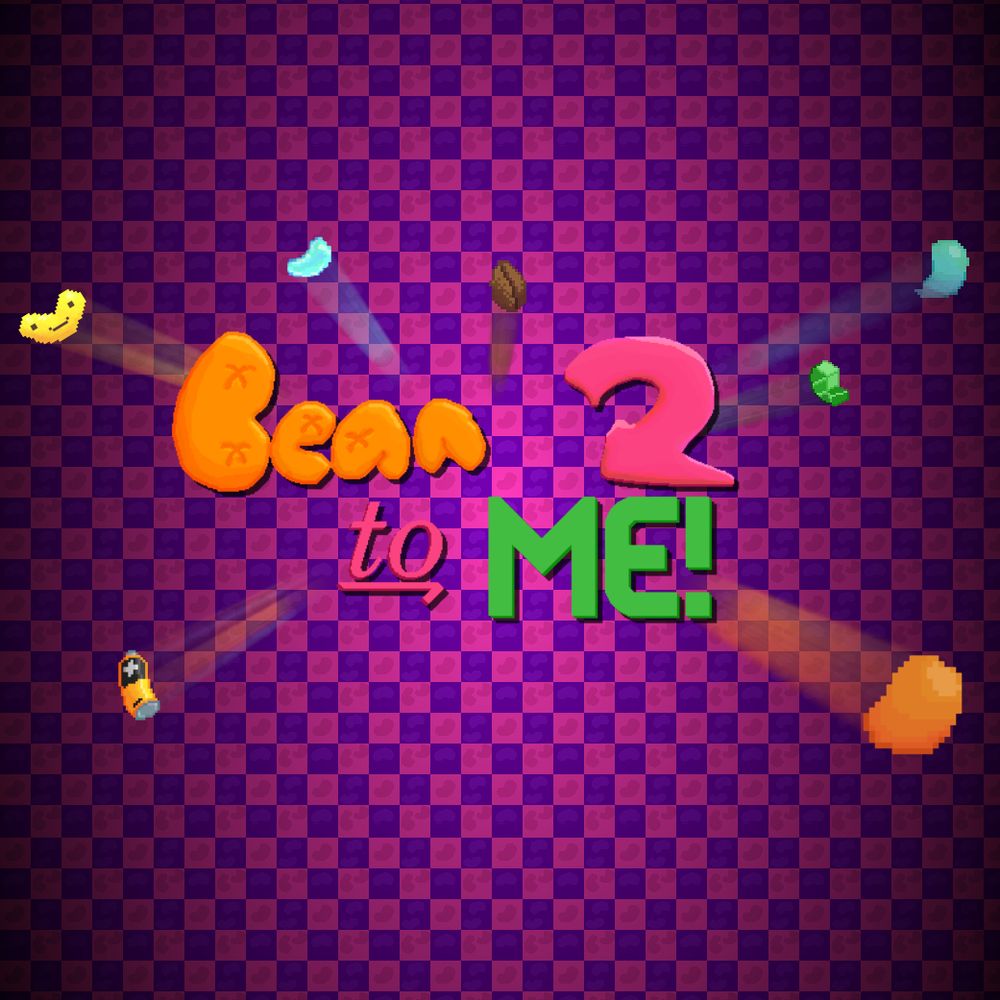 Splash art for Bean To Me!, showing the games logo on a checkered purple background. Various strange beans burst forth from the centre.