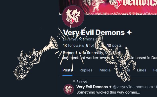 A screenshot of Very Evil Demons' Bluesky profile, showing that the account has 1k followers. There are drawings of demons tooting trumpets on either side.