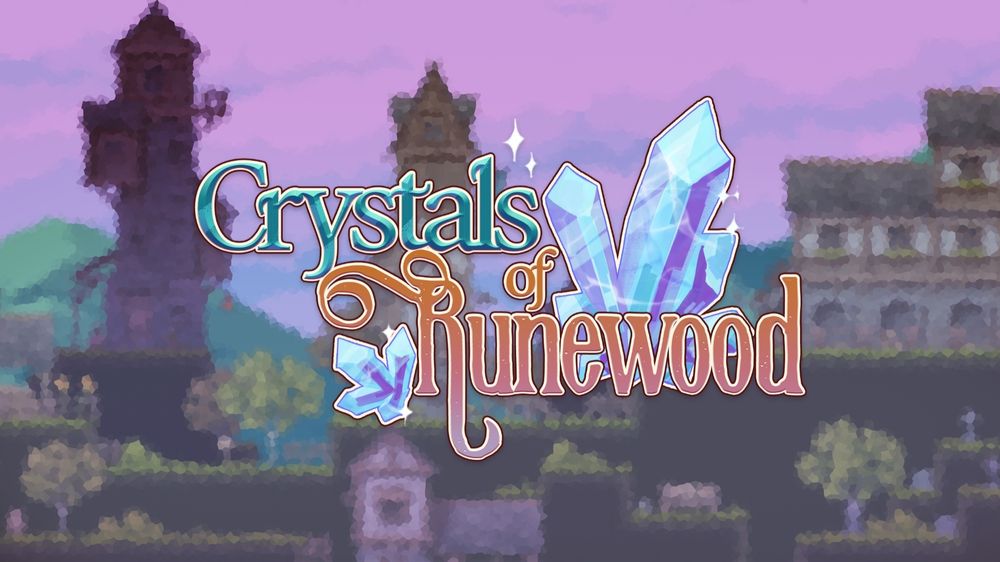 Key art for the game Crystals of Runewood. The classic MMORPG-styled logo for the game sits on top of a blurred background of a town from the game.