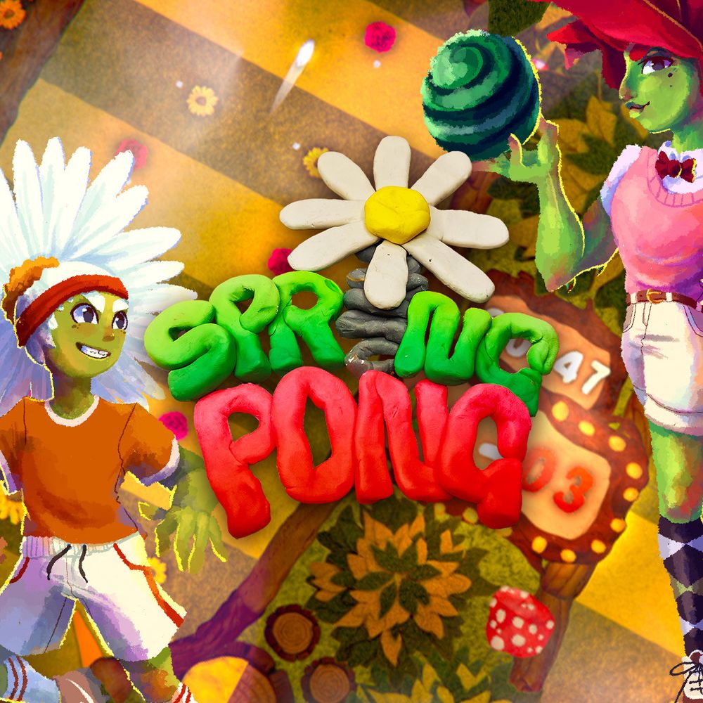 Splash art for Springpong, showing the games logo with two of the games flower-themed characters on either side. A football-like playing field from the game is visible in the background.