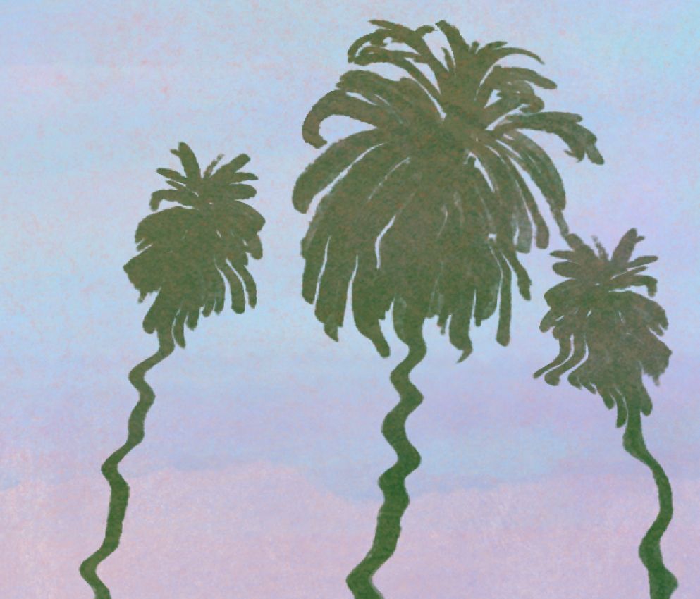 The reflection of looming Los Angeles palm trees in water.