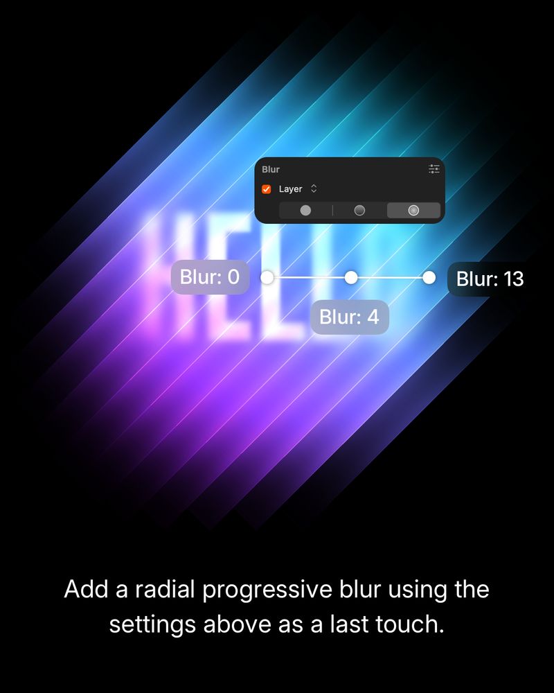 As a final step, add a radial progressive blur across the composition. Use these blur stops:
– Center: Blur 0
– Middle: Blur 4
– Outer edge: Blur 13
– Apply to the entire layer.