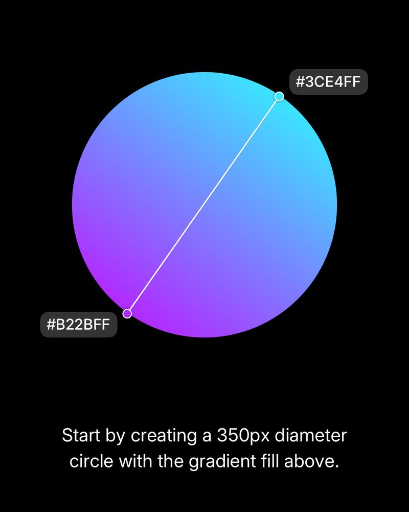 Start by creating a 350px diameter circle in Sketch. Apply a linear gradient fill going from bottom-left to top-right, with color stops:
– Bottom-left: #B22BFF
– Top-right: #3CE4FF.