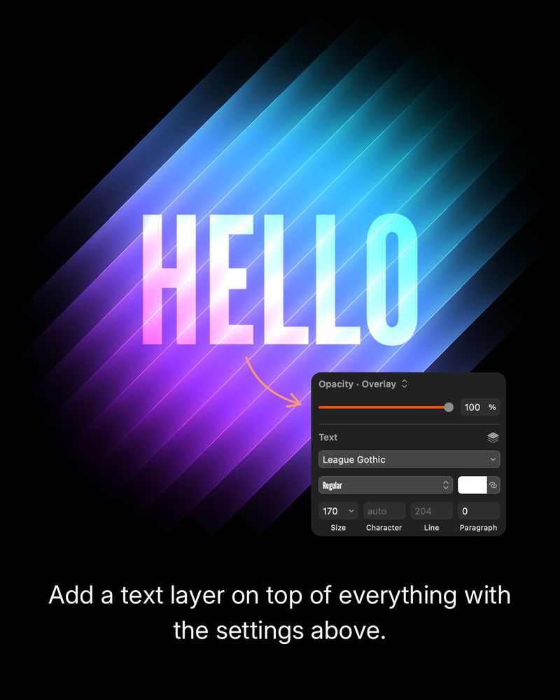 Add a text layer above all other elements. Set the following text properties:
– Font: League Gothic, Regular
– Size: 170
– Line height: 204
– Color: white
– Opacity: 100%
– Blend mode: Overlay.